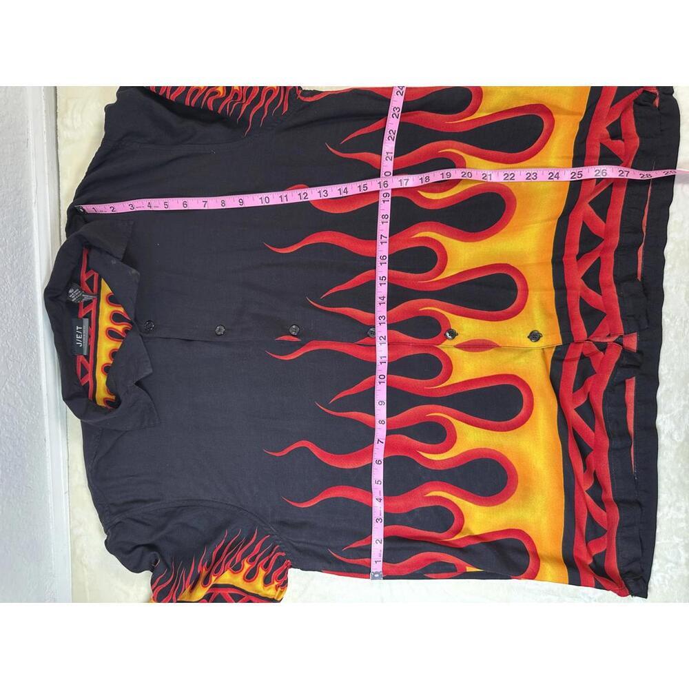 VTG Y2K Men’s XL Flame Button Up Shirt Black Red Yellow Fire Print - Picture 3 of 5